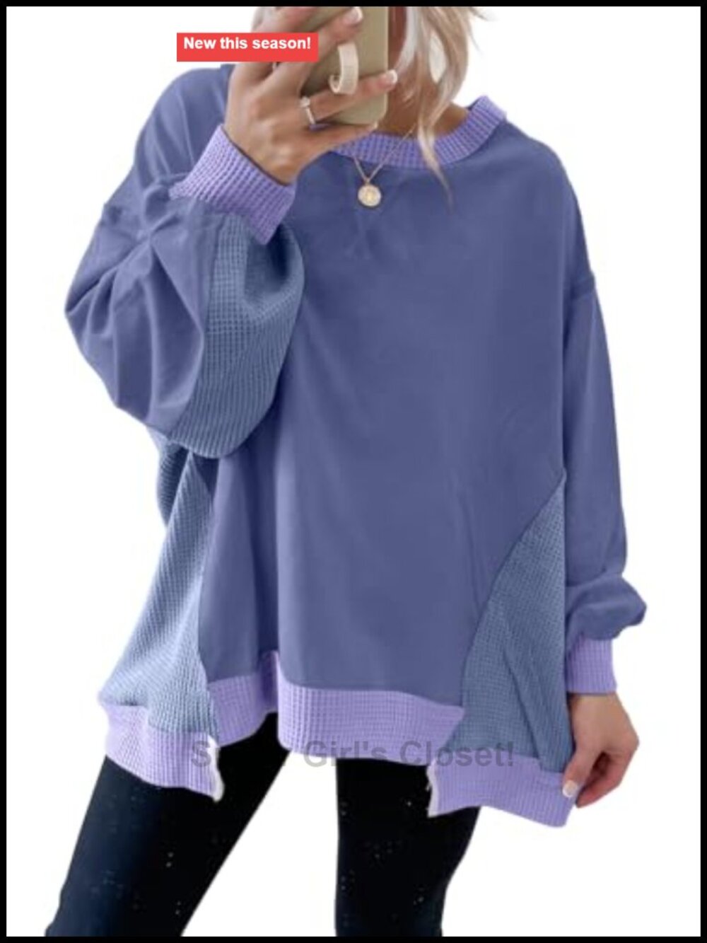 Waffle Knit Color Block Oversized Crew Neck Sweatshirt Long Sleeve Womens Top